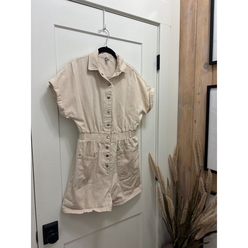 Beige Denim Button-Down Romper
